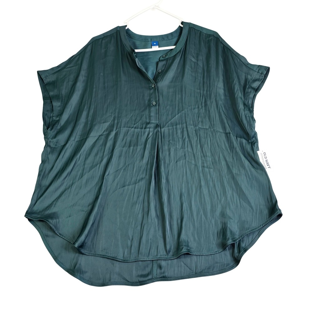 Old Navy Blouse Women XL Green Satin Cap Sleeve Button Front Henley Top Satin